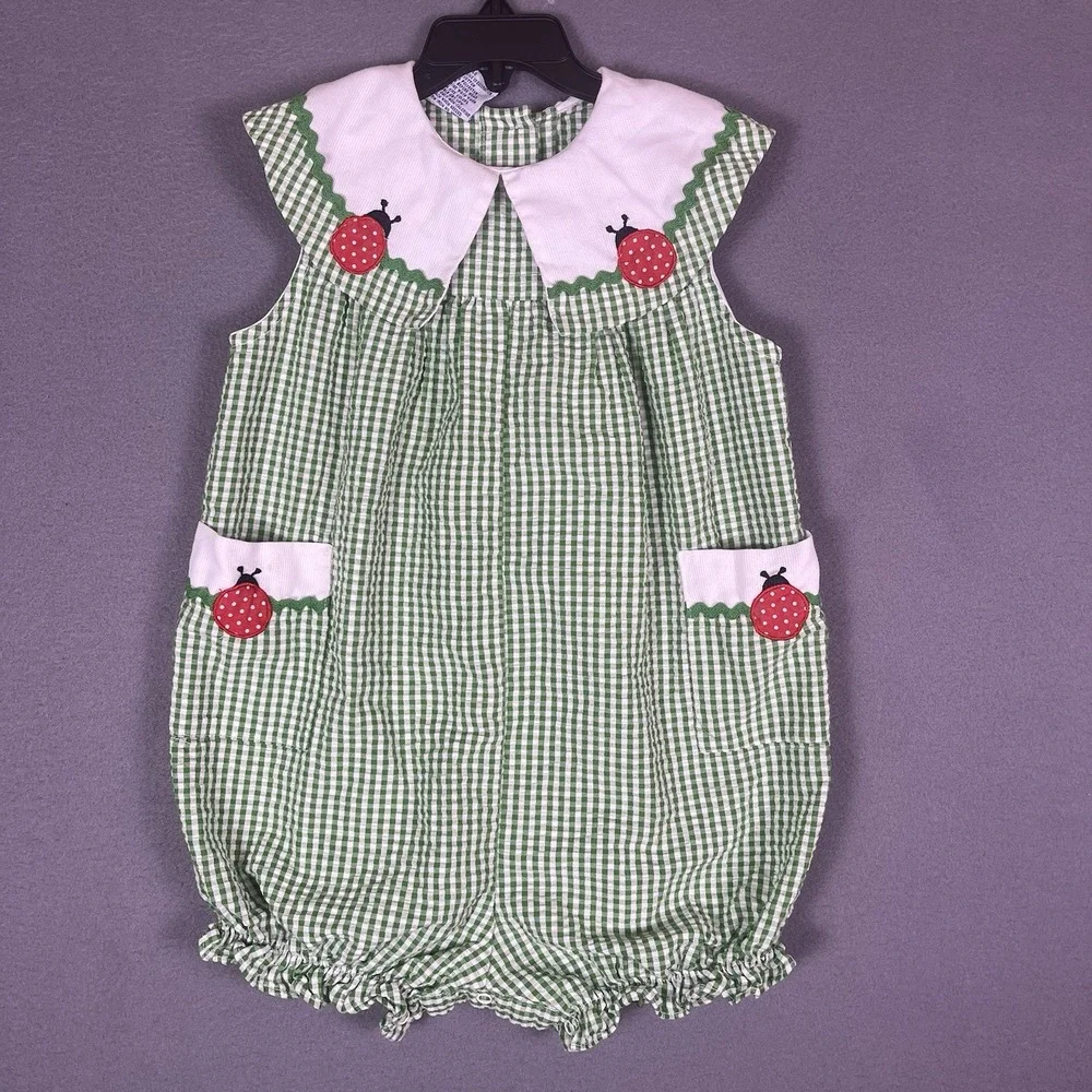 Vintage Samara Girls Green Gingham Ladybug Bubble Toddler Girls 4T